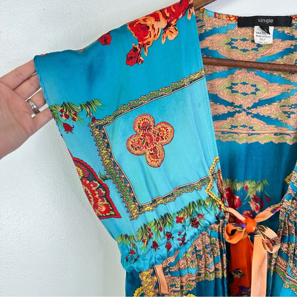 Single Mixed Print Silk Cardigan Blouse Teal‎ Size S - Picture 2 of 5